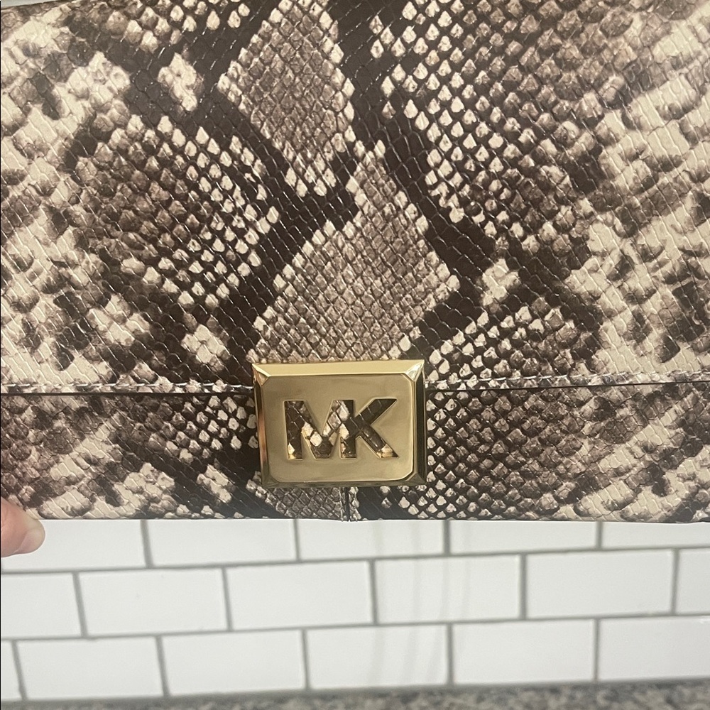 Michael Kors Snakeskin-Print Clutch with Gold MK Lock - Picture 1 of 10